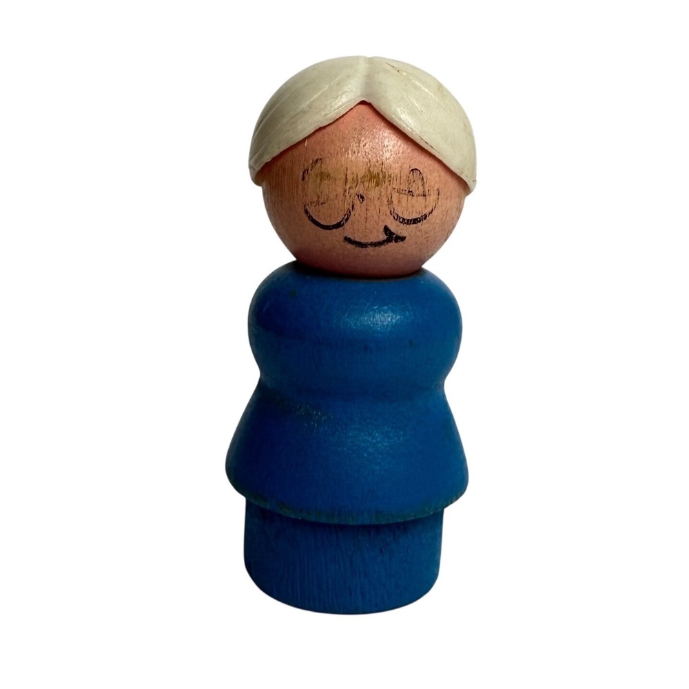 VTG Fisher Price Little People Grandma Female Blue Vintage Wood Peg Toy Figure